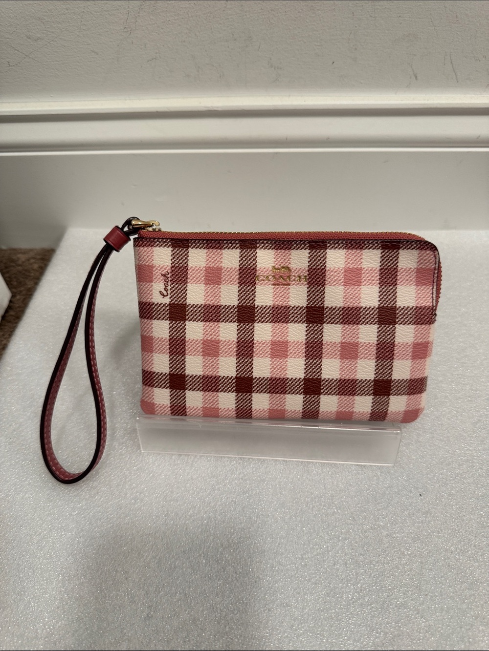 Coach Pink and Burgundy Plaid gingham corner Zip Wristlet